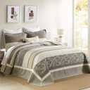 Farmhouse King Size Bedspread 120"x120" - 100% Cotton Lightweight Oversized King Quilt with 2 Pillow shams, Botanical Striped Quilted Bedding Coverlet Set for All Season, 3Pcs, Beige/Brown