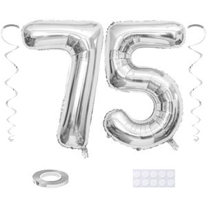 Maigendoo Jumbo 75 Number Balloon 40 Inch Large Digit Balloons Huge Helium Balloon Foil Mylar Balloon with Swirl Decorations for 75th Birthday Party Graduation Celebration Anniversary Event, Silver