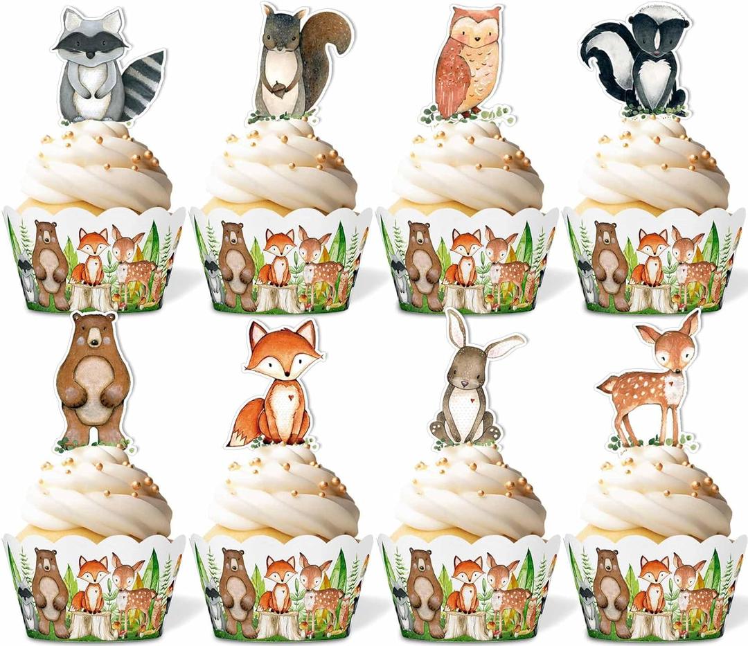 96PCS Woodland Baby Shower Cupcake Toppers and Wrappers Set (48 of each), Woodland Animals Cupcake Decorations, Kids Forest Creatures Themed Birthday Party Supplies for Table Decorations