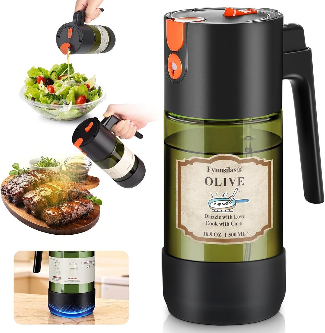 2-IN-1 Oil Sprayer for Cooking with 8 Stickers Light-Blocking Dark Glass Olive Oil Dispenser Bottle for Kitchen 500ml/16.9oz Oil Mister for Air Fryer, BBQ,Salad Even Spray with Portion Control