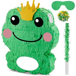 Lewtemi 15'' x 12'' x 3'' Frog Piata Set Frog Birthday Decorations Include Large Piata, Stick, Blindfold and Confetti for Kids Frog Party Decorations Favors Supplies Outdoor Games
