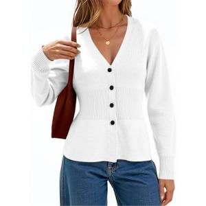 Cicy Bell Womens V Neck Cardigan Sweaters Long Sleeve Cinched Waist Knit Tops Dressy Casual Button Up Fitted Outerwear (White, M)