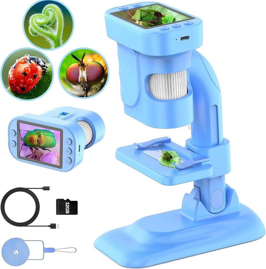 Microscope for Kids - 300x Zoom Kids Microscope 2.8inch Digital Microscope 1080P HD STEM Kits Educational Toys Science Kits for Kids Age 5-7 8-12 STEM Toys for Boys Birthday Gift 32G Card (X10-Blue)