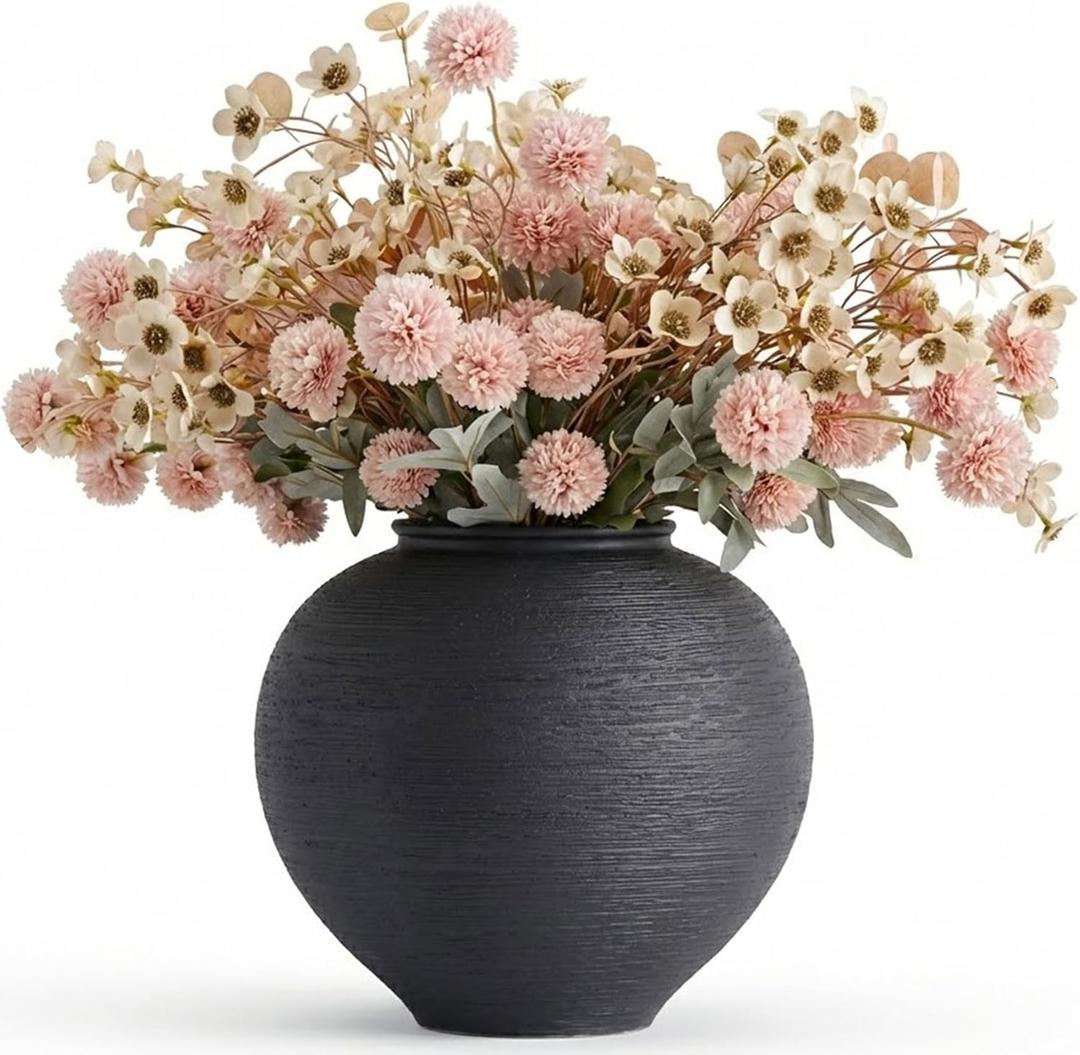 Large Black Ceramic Vase - 9 Inch Large Black Round Vase, Rustic Farmhouse Vase for Home Decor, Dining Table, Shelf, Bedroom, Living Room, Kitchen, Office, Bathroom, Mantle, Centerpiece Décor