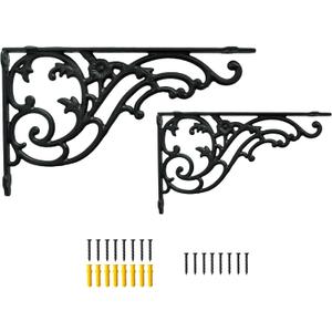 15.8''x9.5'' Decorative Shelf Brackets,2 Pack Cast Iron Shelf Supply,16 Inch Large Antique Black Corbesl,Screws Anchors Included
