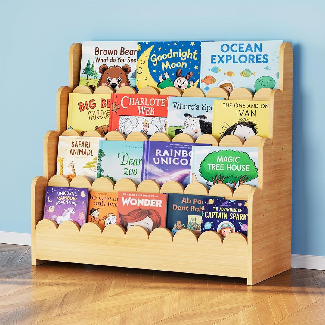 SpaceAid 4-Tier Scalloped Bookshelf, Montessori Bookcase for Toddlers, Wooden Book Shelf Organizer Display Furniture for Kids Rooms, Playroom, Nursery and Classroom, 29.6 Wide, Natural