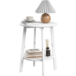 sthmec Side Table, Small Round End Table with Storage Shelf for Small Space, 2-Tier Small Bedside Table Sofa Couch Table, Round Accent Table Nighstands for Living Room, Bedroom, White