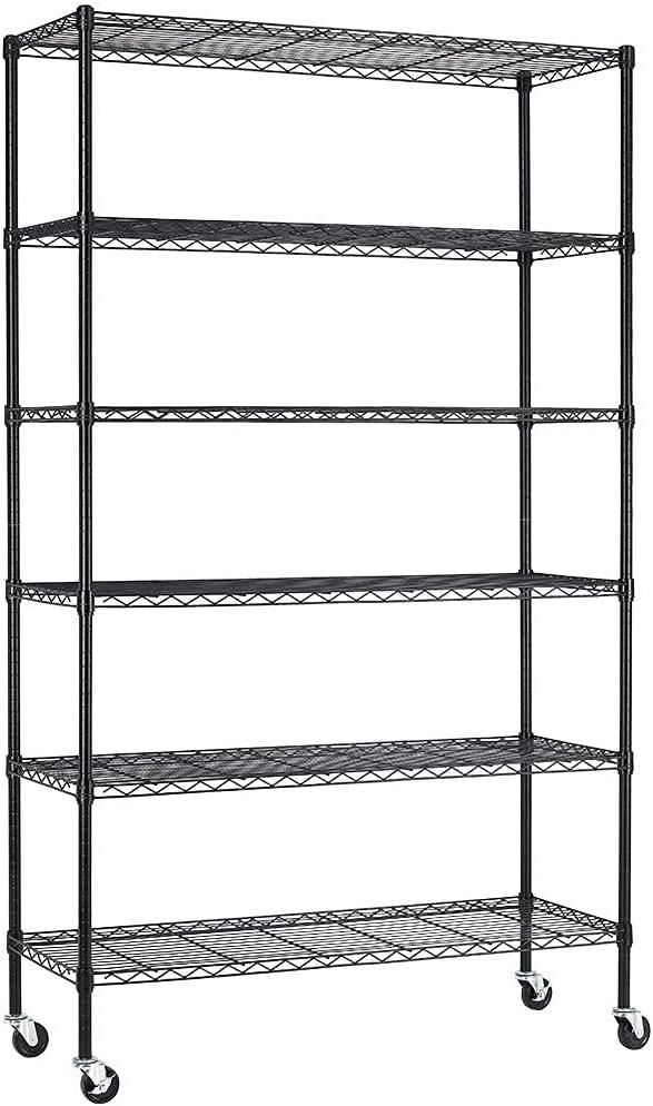 FDW 48"L18"W82"H Wire Shelving Unit Storage Cart Metal Shelf Rolling Utility Cart 2100Lbs Capacity with 6 Tier Casters Adjustable Layer Rack Strong Steel for Restaurant Garage Pantry Kitchen,Black