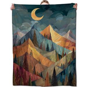 Zeleda Mountain Blanket, Gifts for Nature and Abstract Art Lovers, Lightweight Flannel Throw Blankets, Geometric Landscape with Moon Forest Throws Home Decor, for Couch Living Room Office, 60x50inch