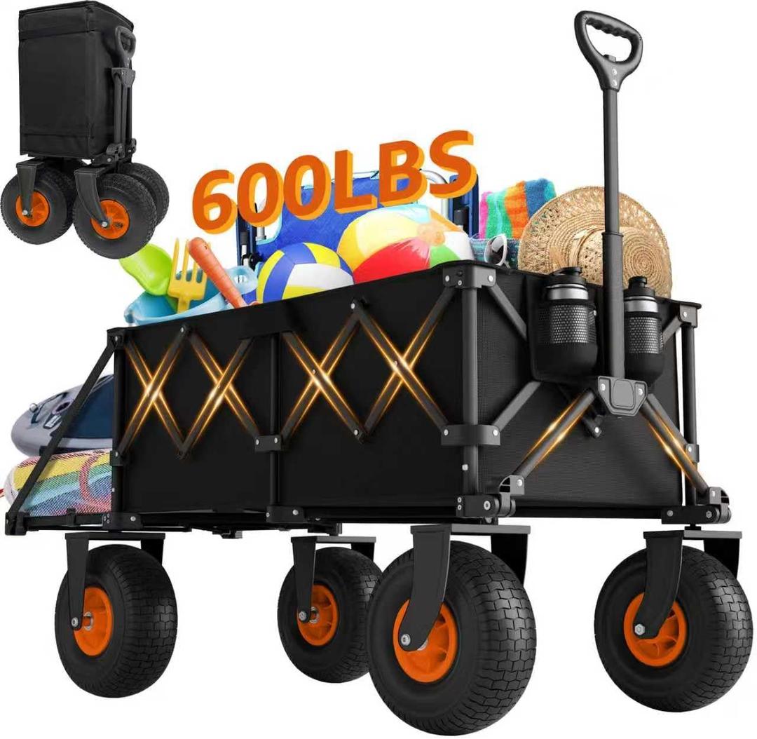 Beach Wagon with Big Wheels for Sand - Heavy Duty 10" Wheel Collapsible Wagons Foldable Large Wagon Cart Folding All Terrain for Camping (Black)
