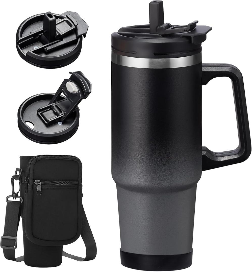 30 OZ Stainless-steel Tumblers with Lid and Straw - Travel Coffee Tumbler Mug with Handle, Silicone Boot & Bottle Strap Sleeve, Insulated Water Bottles that Fits in Cup Holder, Keep Cold 36h/Hot 12h (Black&Grey)