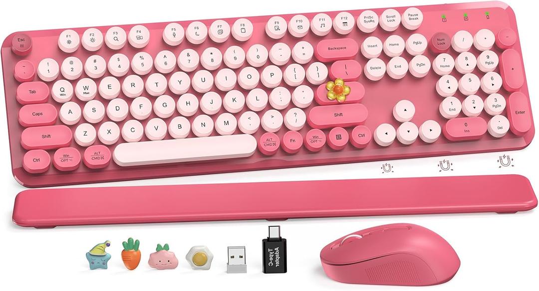 Wireless Keyboard and Mouse Combo, Cute Hot Pink FullSize Retro Typewriter Keyboard with Round Keycaps, Magnetic Wrist Rest, Tilt Legs, 2.4GHz Cordless for Mac, Windows PC, Laptop, SABLUTE CK23