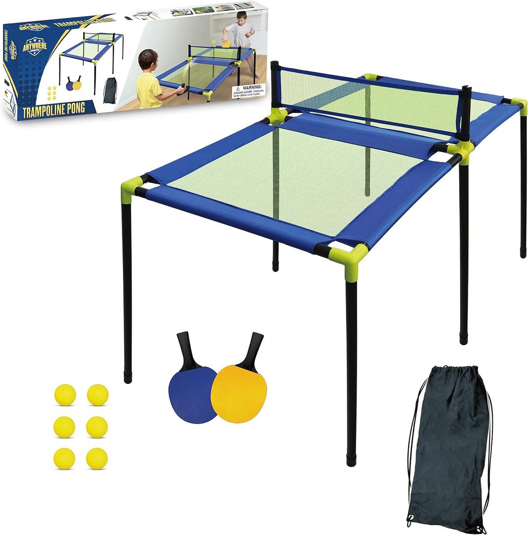 Anywhere Sports - Portable Trampoline Ping Pong Table Tennis Game for Indoor or Outdoor Use, Includes Two Paddles, Six Balls, Storage Bag, and Compact Size for Kids