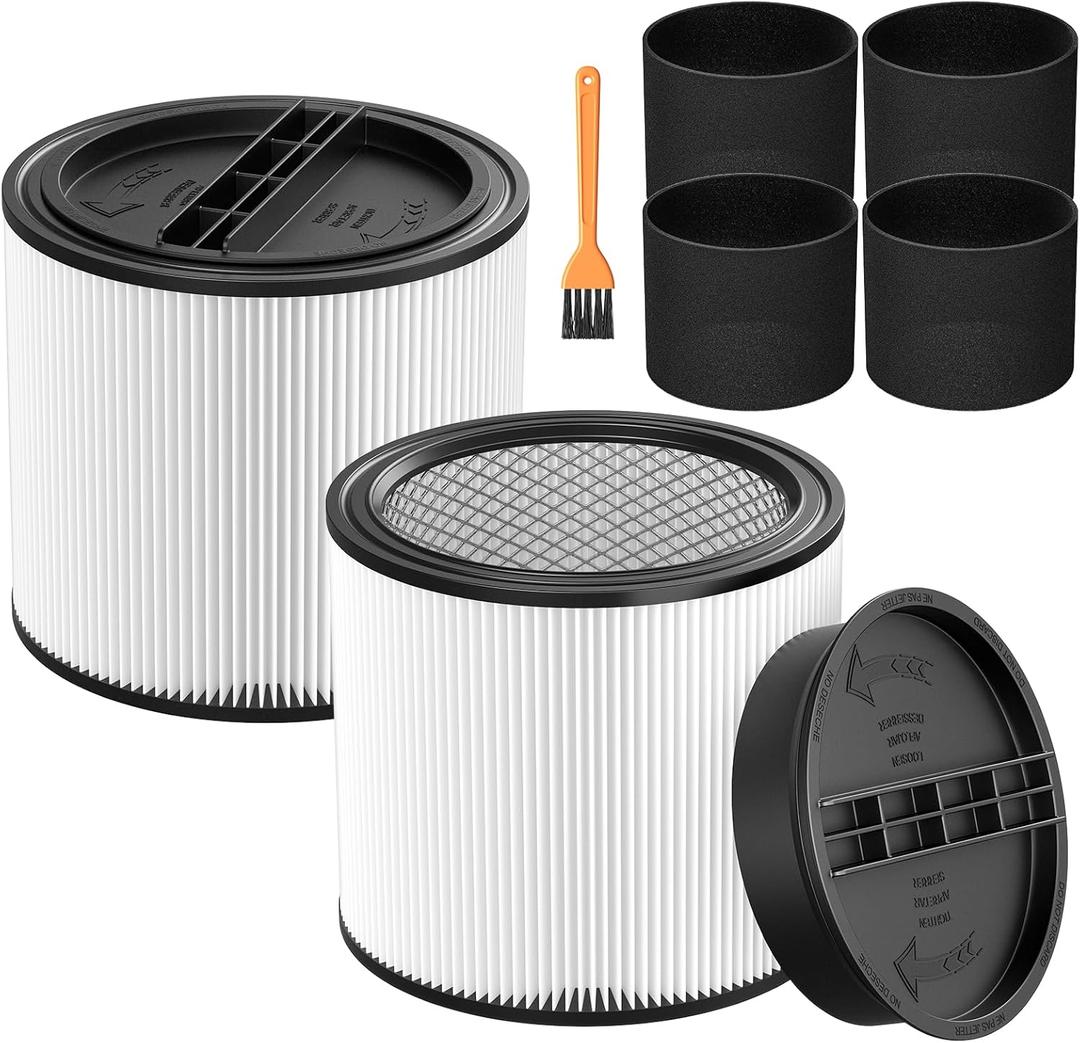 90304 Replacement Filter for Shop Vac 90304, 90350, 90333, 90585, 5 Gallon and Above Wet/Dry Vacuum Cleaners (2 replacement filter+2 lids)