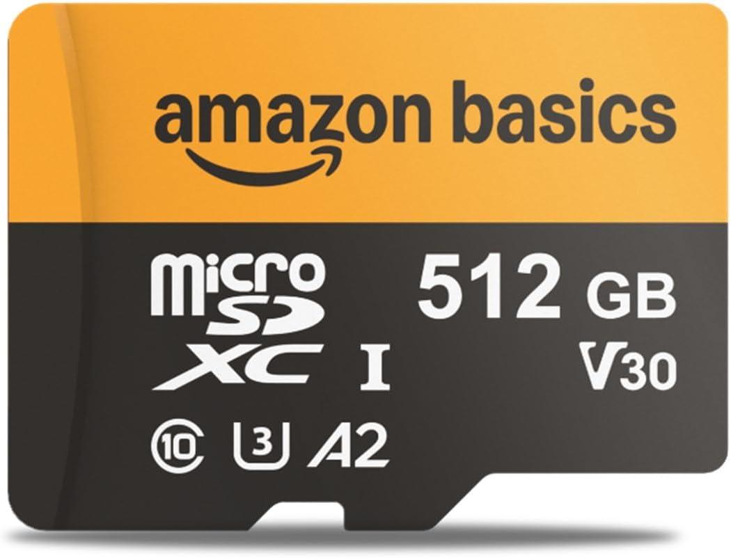 Amazon Basics 512GB microSDXC Card with Adapter for Tablets, Smartphones, Action Cameras, GoPRO, Drones, Full HD, Read Speed Up to 200MB/s, 1-Pack