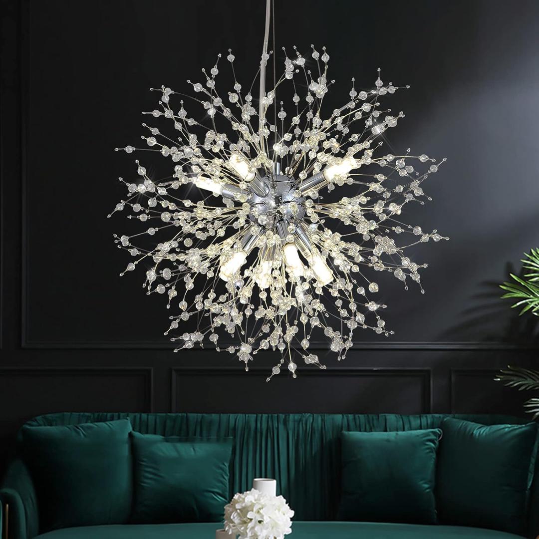 CM MZY Modern Crystal Chandeliers Firework, 8-Light Chrome Dandelion Sputnik Ceiling Light Fixtures, Sputnik Chandelier for Bedroom Living Room Dining Room Kitchen Island Hallway