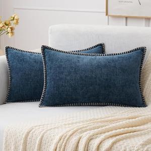 MIULEE Pack of 2 Couch Throw Pillow Covers 12x20 Inch Navy Blue Farmhouse Decorative Pillow Covers with Stitched Edge Soft Chenille Solid Dyed Spring Pillow Covers for Sofa Bed Living Room