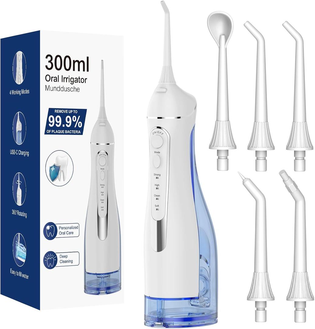 Water Flosser for Teeth Cleaning, Cordless Oral Irrigator with 4 Modes & 4 Jet Tips, Rechargeable IPX7 Waterproof Dental Flosser, 300ml/10oz Tank for Home and Travel White