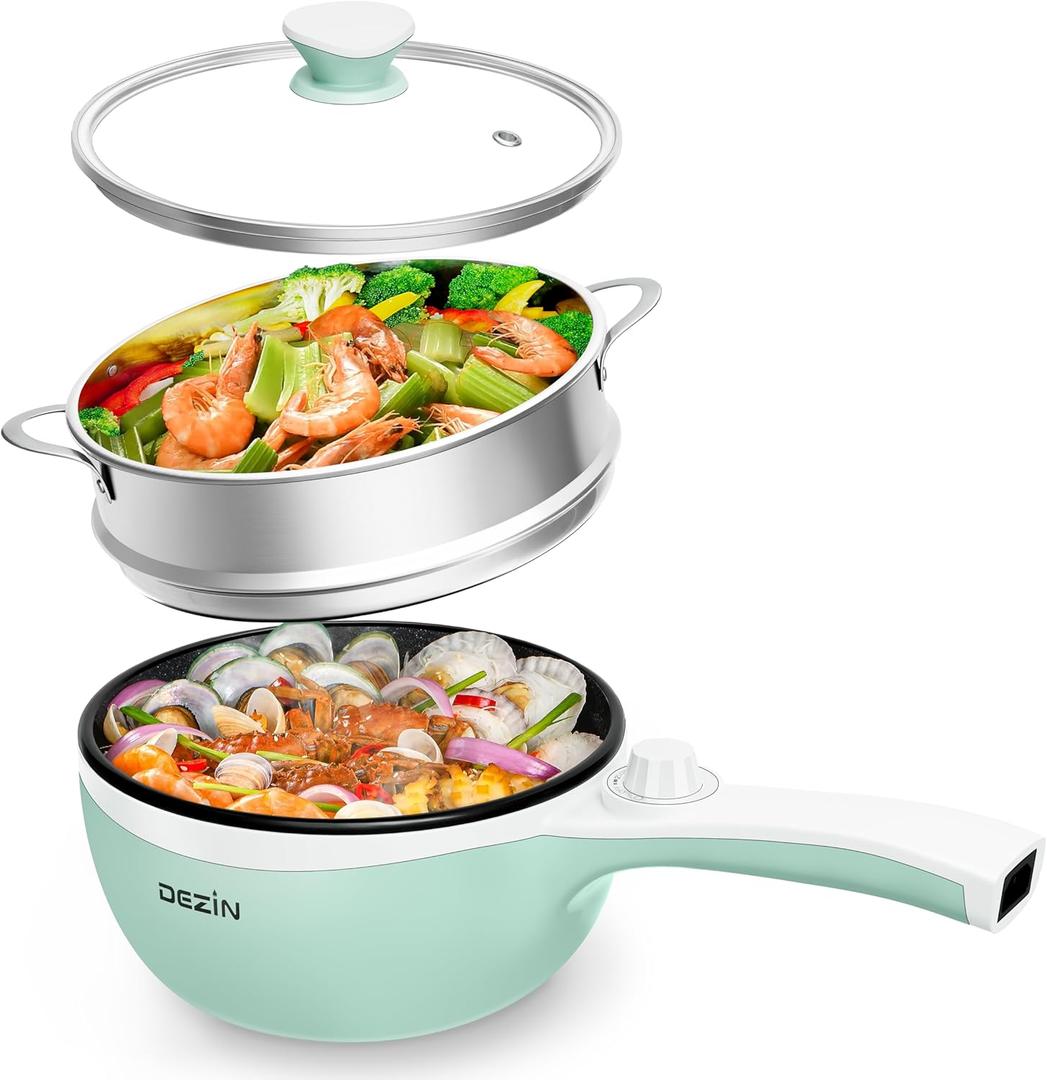 Dezin Hot Pot Electric with Steamer Upgraded, Non-Stick Saut Pan, Rapid Noodles Electric Pot, 1.5L Mini Pot for Steak, Egg, Fried Rice, Ramen, Oatmeal, Soup with Power Adjustment (Green 2)