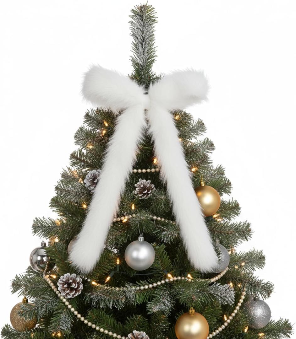 Hoteam 12pcs Large Furry Christmas Bows 11 x 18 Inch Faux Fur Tree Topper Decorations Rustic Fluffy Ornaments for Christmas Tree Wreath Door Porch Farmhouse Holiday Party Decor(White)