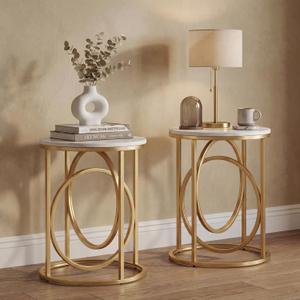 LITTLE TREE 20 Round End TableModern Sofa Side Table with Gold O-Shaped Base, Faux Marble White Cocktail Table Accent Table Nightstand for Living Room Bedroom, 2PCS