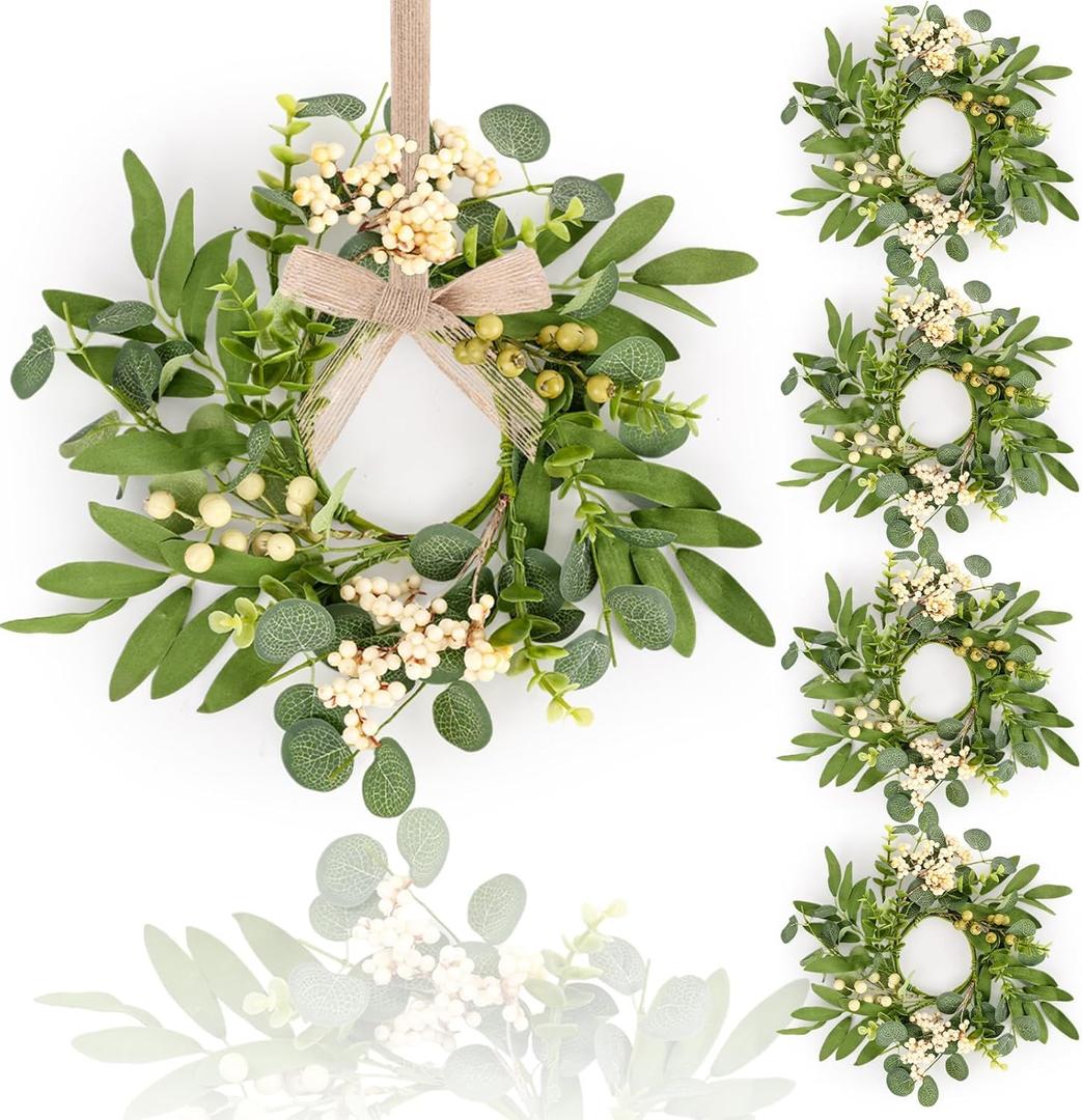 4 Pcs Green Eucalyptus Swag Wreaths for Pillars Spring Summer Kitchen Cabinet Wreaths Mini Green Berry Leaves Wreath with Ribbon for Front Door Porch Wall Window Farmhouse Decoration