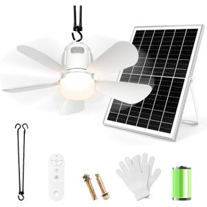 Solar Ceiling Fan Light, 20000mAh Portable Gazebo fan with 30W Solar Powered Fan with Remote Control, Outdoor Ceiling Fan with Light for Patios, Canopy, Shed, RV, Porch and Chicken Coop (White)