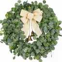 28 Inch Eucalyptus Wreath with Bells & Bow for Front Door, Faux Greenery Wreath for Spring Summer All Seasons Year Round, Green Eucalyptus Decor for Home Farmhouse Indoor Outdoor Porch Wall