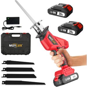 Cordless Reciprocating Saw, Electric Saw with Battery and Charger, 20V Battery Power Saws, 0-3500 SPM Variable Speed, Tool-Free Change, 4 PCS Blades for Wood PVC Metal Pipe Tree Cutting, 2 Batteries