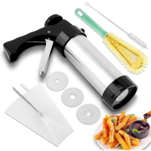 Churro Maker Machine, Stainless Steel Churro/Cookie Making Kit with 3 Discs,2 Cleaning Brush,2 Brushes, Piping Bag, Icing Piping Nozzles, for Home DIY Biscuit & Cake Decorating