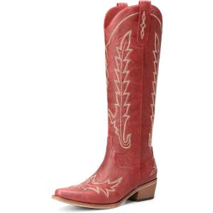 Rivalran Cowboy Boots for Women - Knee High Pointed Toe Chunky Heel Pull On Zipper Western Cowgirl Boots, Retro Country Vintage Fashion Tall Boots, 10