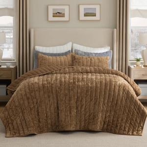 Bedsure Velvet Quilt Queen Size Set - Lightweight Velvet Comforter Queen, Luxury Bedspread Coverlet, Ultra-Soft Bedding Set with 2 Pillow Shams for All Season, 90"x96", Caramel Gold