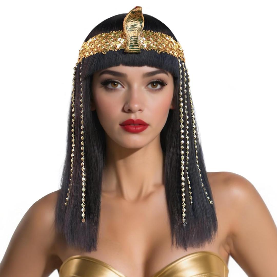 JoneTing Black Cleopatra Wig+Hair Cap + Fringe Black Bob Hair with Bangs for Women Egyptian Wigs Cleopatra Cospaly Wig Short Straight Bob Cosplay Hairs and Accessories for Halloween Costume Outfit