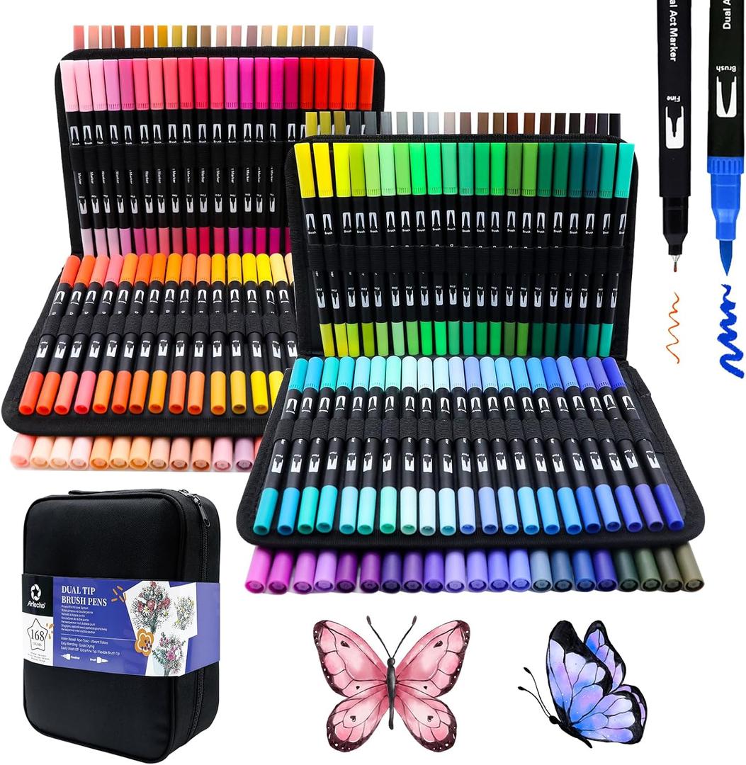 Artecho 168 Colors Markers for Adult Coloring Books, Dual Tip Markers for School, Fine and Brush Tip for Adults Coloring Books, Calligraphy, Drawing, Sketching