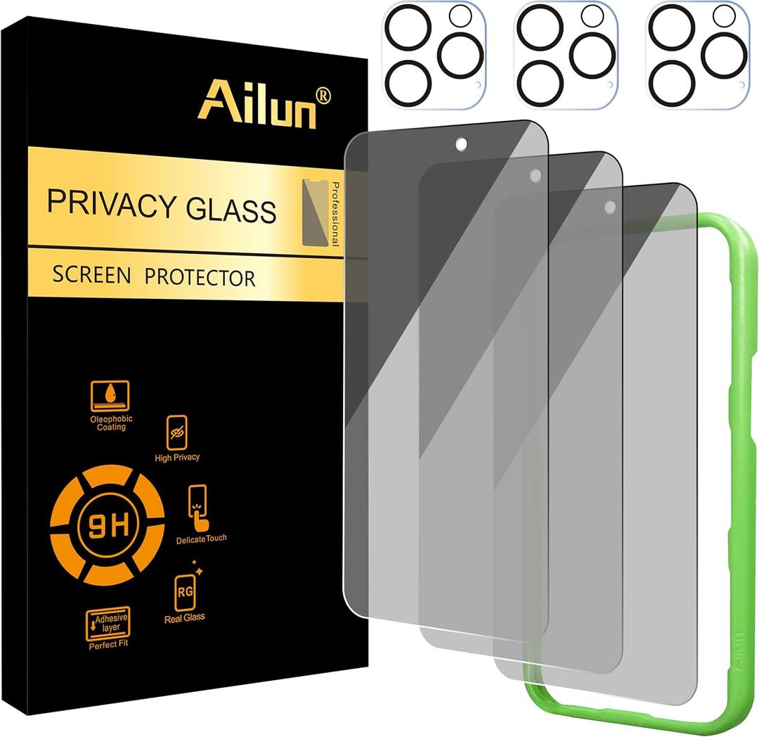 Ailun 3Pack Privacy Screen Protector for iPhone 16 Pro [6.3 inch]+3Pack Camera Lens Protector,Dynamic Island Compatible,Anti Spy Tempered Glass[9H Hardness][Not for iPhone 16/16 Plus/16 Pro Max/16e]