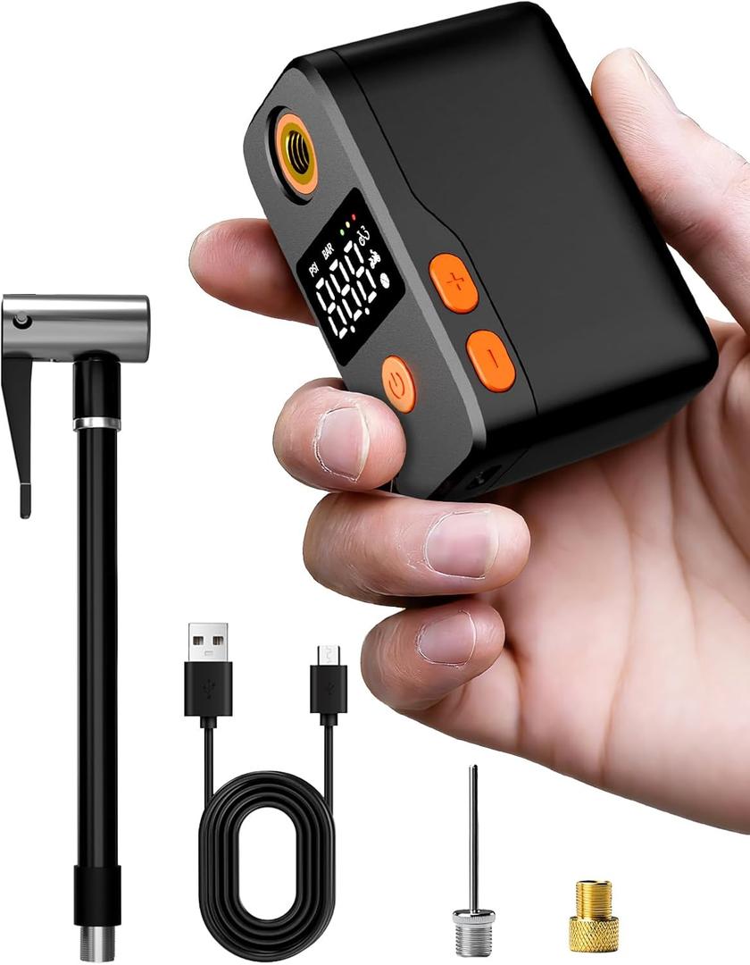 Mini Bike Pump, Portable Bicycle Electric Pump for Fast Inflation, 130PSI Portbale Bike Pump with Gauge for City Bike, Road Bike, Mountain Bike, Motorcycle and Balls