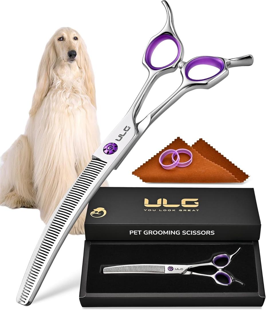 ULG 7.5 Dog Grooming Thinning Shears  30 Curved Pet Thinning Scissors, Japanese 440C Stainless Steel, 60 V-Shaped Teeth, 25% Thinning Rate, Reversible Butterfly Handles, for Face, Nose, Eyes & Coat (Precision Blender (25%))