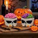 2PCS Halloween Coasters with Holder for Gothic Decor, Handmade Woven Crochet Skull Coasters for Drinks Cup, Unique Coaster for Horror Halloween Party Kitchen Office Coffee Table Decor (Purple&Green)