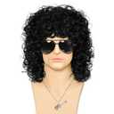 Mens Short Curly Black Wig With Sunglasses and Necklace Fake beard-70s 80s Fluffy Afro Punk Rockstar Wig for Men Cosplay Halloween Party Costume Wig
