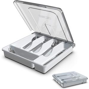 Silverware Organizer with Lid for Drawer, Plastic Utensil Holder for Countertop, Flatware Organizer Cutlery Tray with Cover 5 Compartments (White)