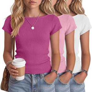 Oakgarden 3 Pack Girls Tops Short Cap Sleeve Boat Neck Kids Slim Fit Shirts Ribbed Teen Basic Casual Solid Trendy Tees Summer