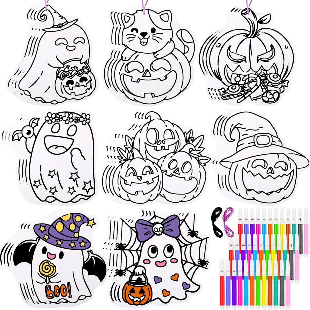 Motipuns 36 Pcs Paper Halloween Coloring Craft Kit with 36 Watercolor Pen and Ribbons Halloween Ornaments DIY Pumpkin Ghost Cutouts Color Your Own Crafts for Painting Party Home Classroom Art Project