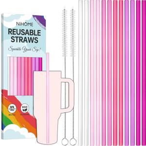 NiHome 12-Pack Plastic Reusable Drinking Straws for Stanley 40 oz 30oz 64 oz Tumbler, 6 Color 12 In Reusable Straws Fit for Stanley Cups w/ 2 Brushes, BPA-Free for Cold & Hot Beverages (Gradient Pink)