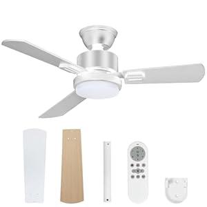 LITBM 32" Ceiling Fans with Light and Remote, Energy Saving Super Quiet 6-Speed Ceiling Fan with 3CCT Dimmable Light for Indoor and Outdoor, Reversible, White and Wood