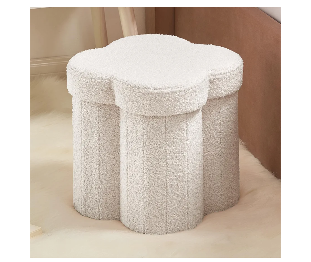 Ornavo Home White Boucle Storage Ottoman Cube – Flower-Shaped Footstool with Hidden Storage, Faux Teddy Fur Foot Rest for Living Room, Bedroom & Dorm, 12" Inch