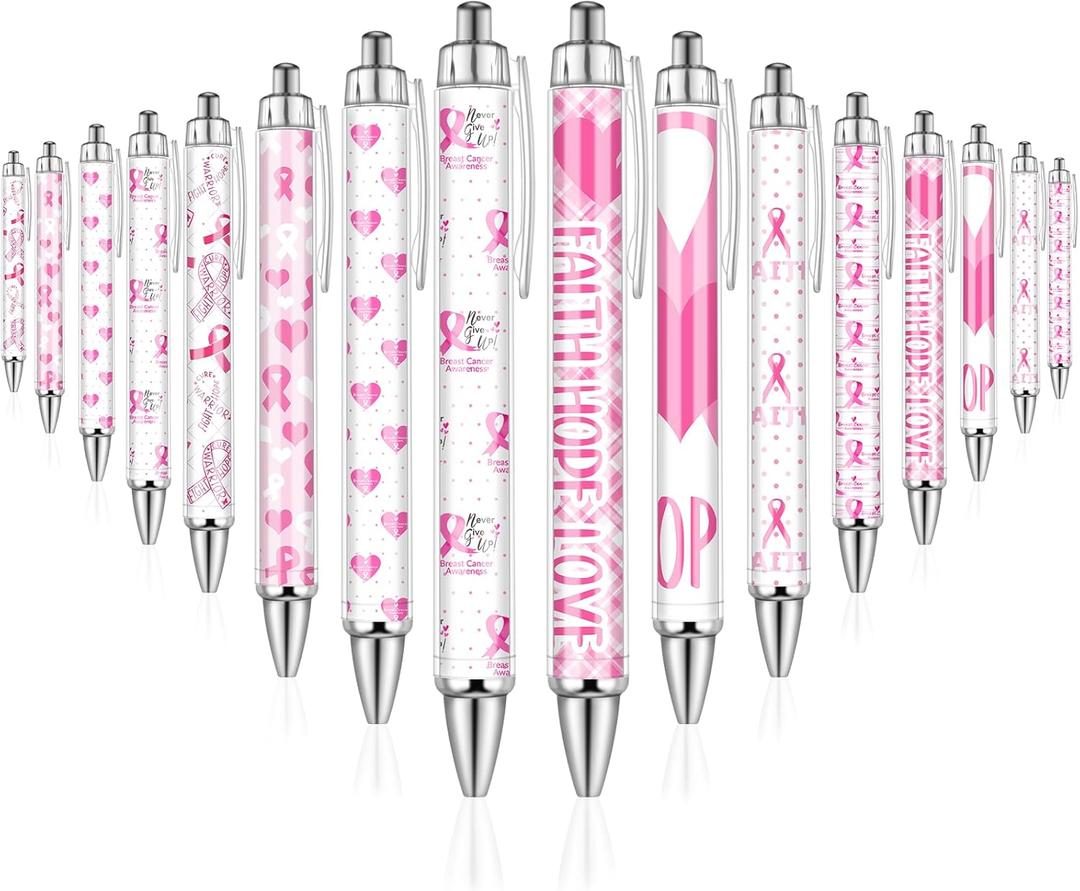 Demonwer 24 Pcs Breast Cancer Awareness Pens Bulk Pink Ribbon Black Ink Ballpoint Breast Cancer Awareness Party Favors for Women Nurse Public Events Gift Office Supplies