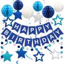 meowtastic Birthday Decorations, Happy Birthday Banner with Honeycomb Balls, Stars Hanging Swirl Streamers, Circle Dots Garland, Happy Birthday Party Decorations for Women Men Boys Girls (Blue)