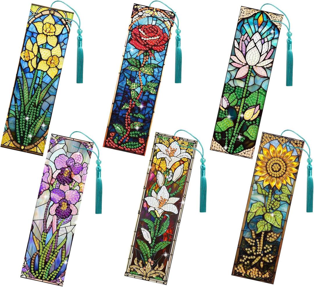 FREEBLOSS 6PCS Stained Glass Flowers Diamond Painting Bookmarks Kits DIY Rhinestones Diamond Art Bookmark Kit with 6 Crystal Pendant for Beginner Crafts, Stained Glass Flower Design, 2.3"x7.7"