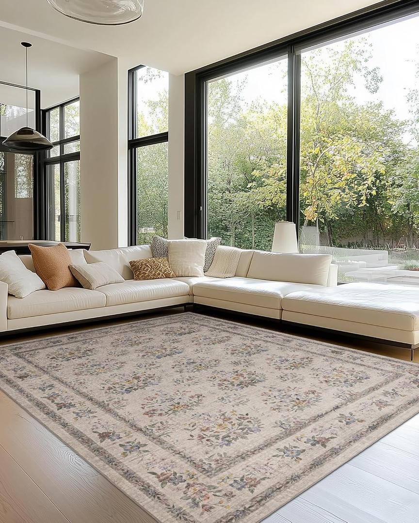 8x10 Large Washable Non-Slip Area Rug for Living Room, Bedroom,Dining Room, Home Office-Vintage Farmhouse Floral Non-Shedding Distressed Foldable Thin Low Pile Area Rug (Beige,8x10)
