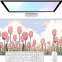 Desk Pad, 32" x 16" XXXL Extended Large Gaming Mouse Pad, Desktop Decor Desk Mat, Men Women Office Supplies and Accessories, Cute Anime Mouse Mat for Laptop & Keyboard, Pink Tulip